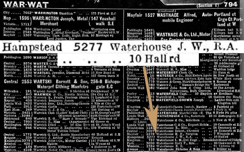 Hampstead 5277 was Waterhouse's phone number in 1917