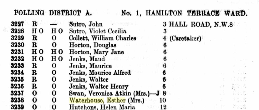 Esther Waterhouse appears on the 1926 electoral register