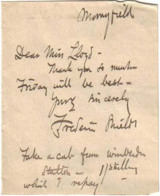 Letter written by Frederick Shields