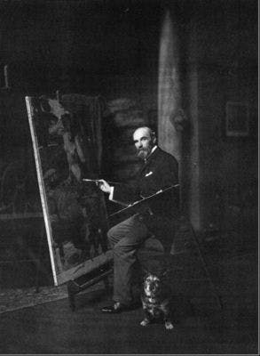 JW Waterhouse at his easel in his studio at 10 Hall Road, St John's Wood, London.