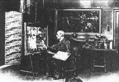 Waterhouse in his studio at work on A Song of Springtime (1913).