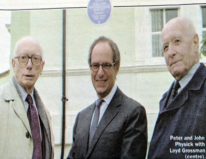 Peter and John Physick with Loyd Grossman ad the 10 May 2002 English Heritage Blue Plaque Unveiling for the painter JW Waterhouse. Photo by Nigel Sutton.