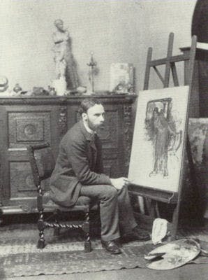 Photograph by Ralph W. Robinson, 200 x 153 mm, published in Members and Associates of the Royal Academy of Arts, 1891, photographed in their Studios (1892).